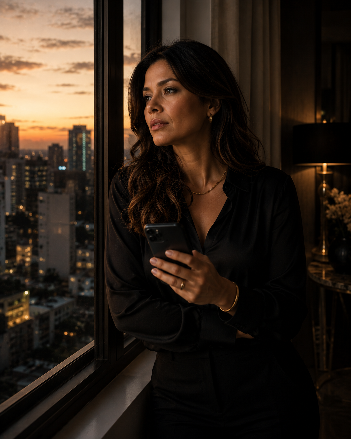 Mulher elegante, sozinha, em ambiente premium — presença, parceria e dignidade